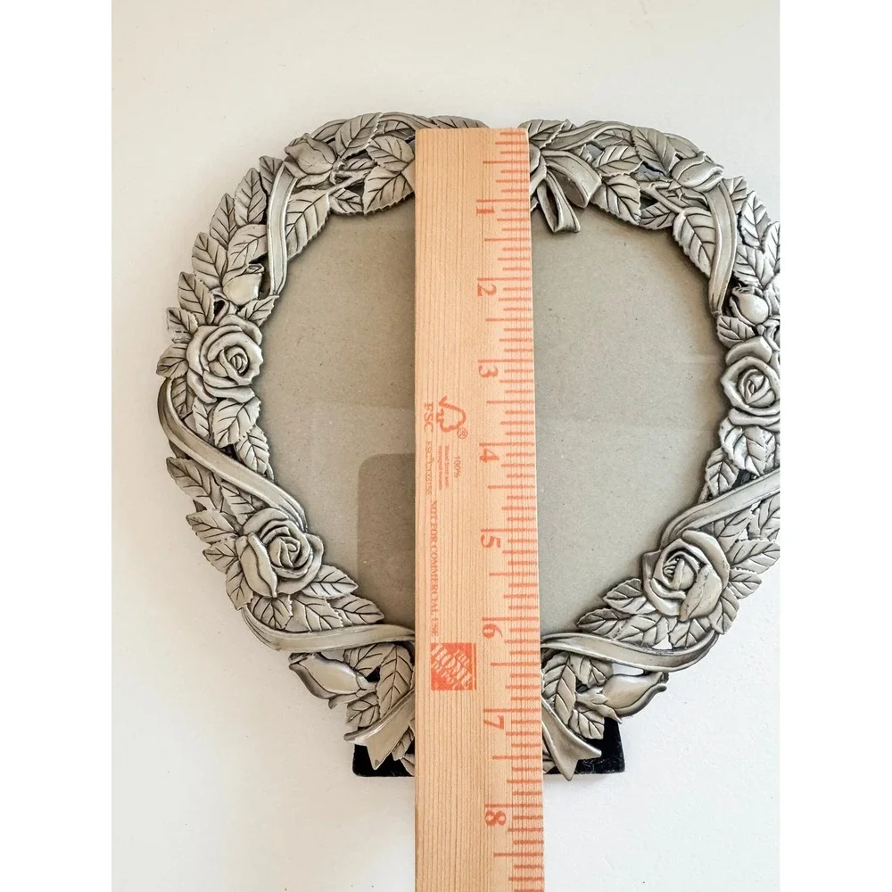 Vintage MT Heart Shaped Pewter Tone Rose Floral Ribbon Picture Frame 7.5x7.5